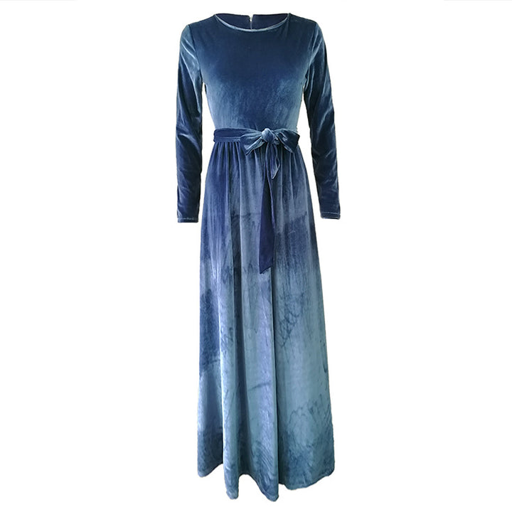 Damen Maxikleid aus Samt mit Taillengürtel und langem A‑Linien‑Rock Echoarchiv