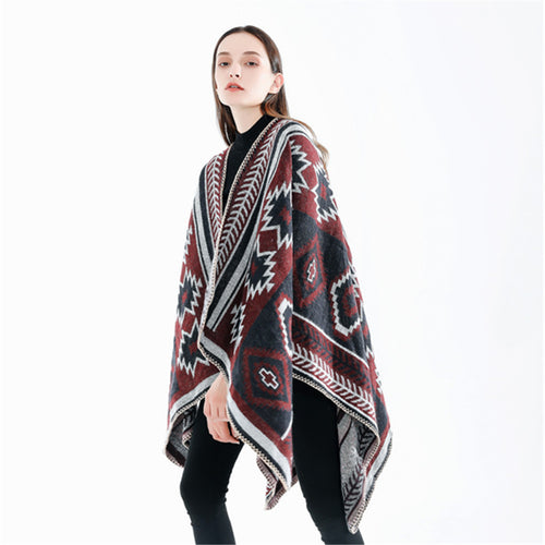 Damen Ethno‑Jacquard Ruana‑Poncho mit kastigem Oversize‑Fall und Zierkettelnaht Echo Archiv