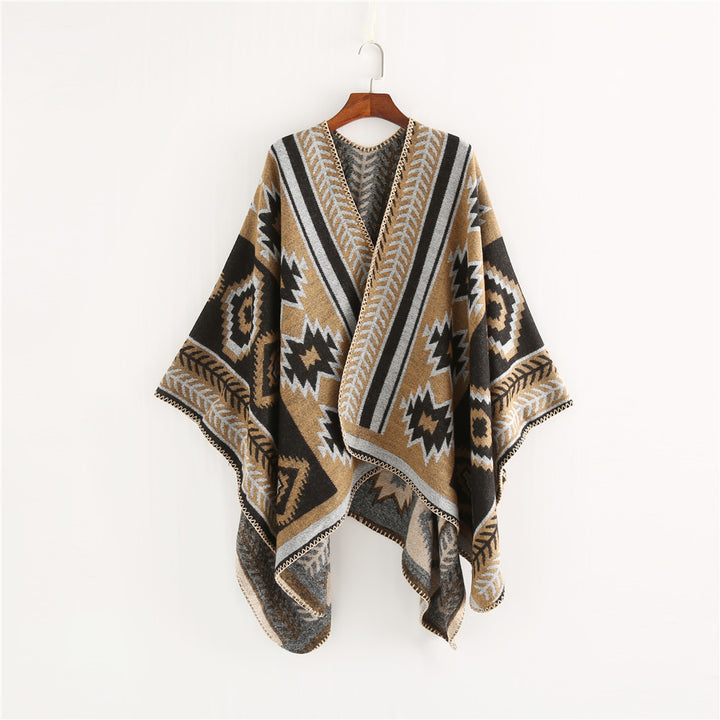 Damen Ethno‑Jacquard Ruana‑Poncho mit kastigem Oversize‑Fall und Zierkettelnaht Echo Archiv