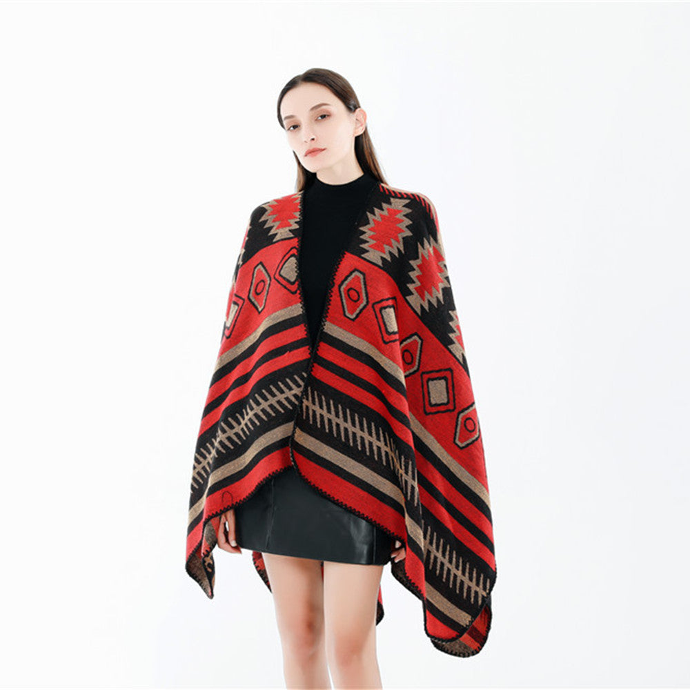 Damen Gewebter Jacquard-Ruana-Poncho mit geometrischem Ethno-Muster Echo Archiv