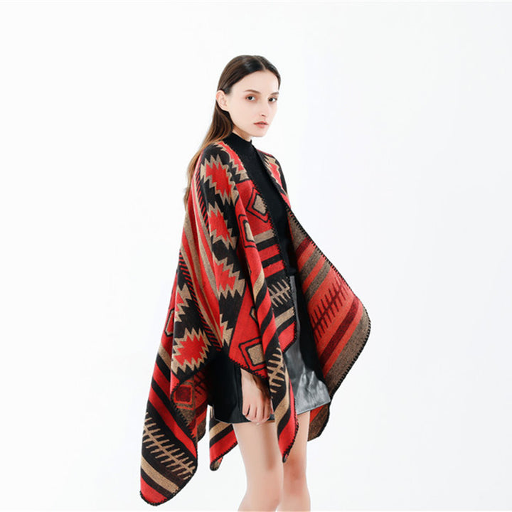 Damen Gewebter Jacquard-Ruana-Poncho mit geometrischem Ethno-Muster Echo Archiv