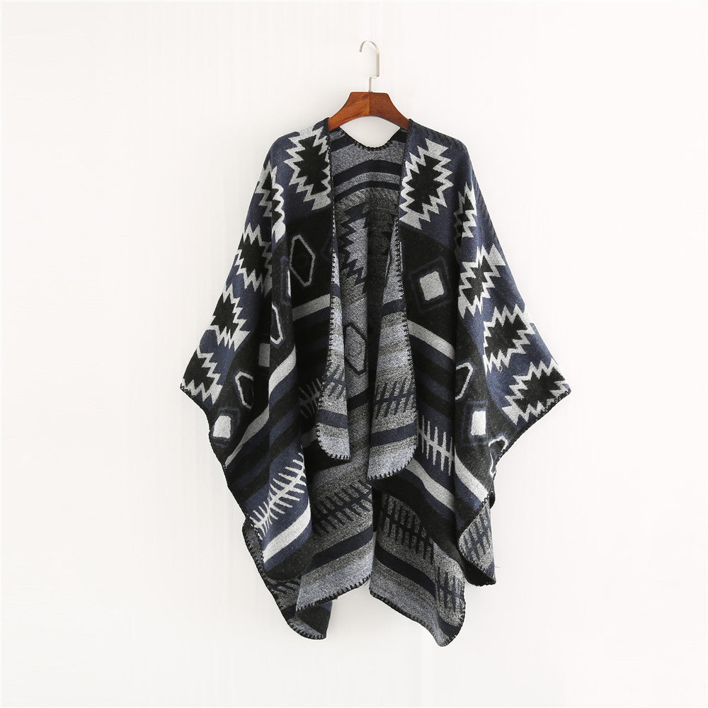 Damen Gewebter Jacquard-Ruana-Poncho mit geometrischem Ethno-Muster Echo Archiv