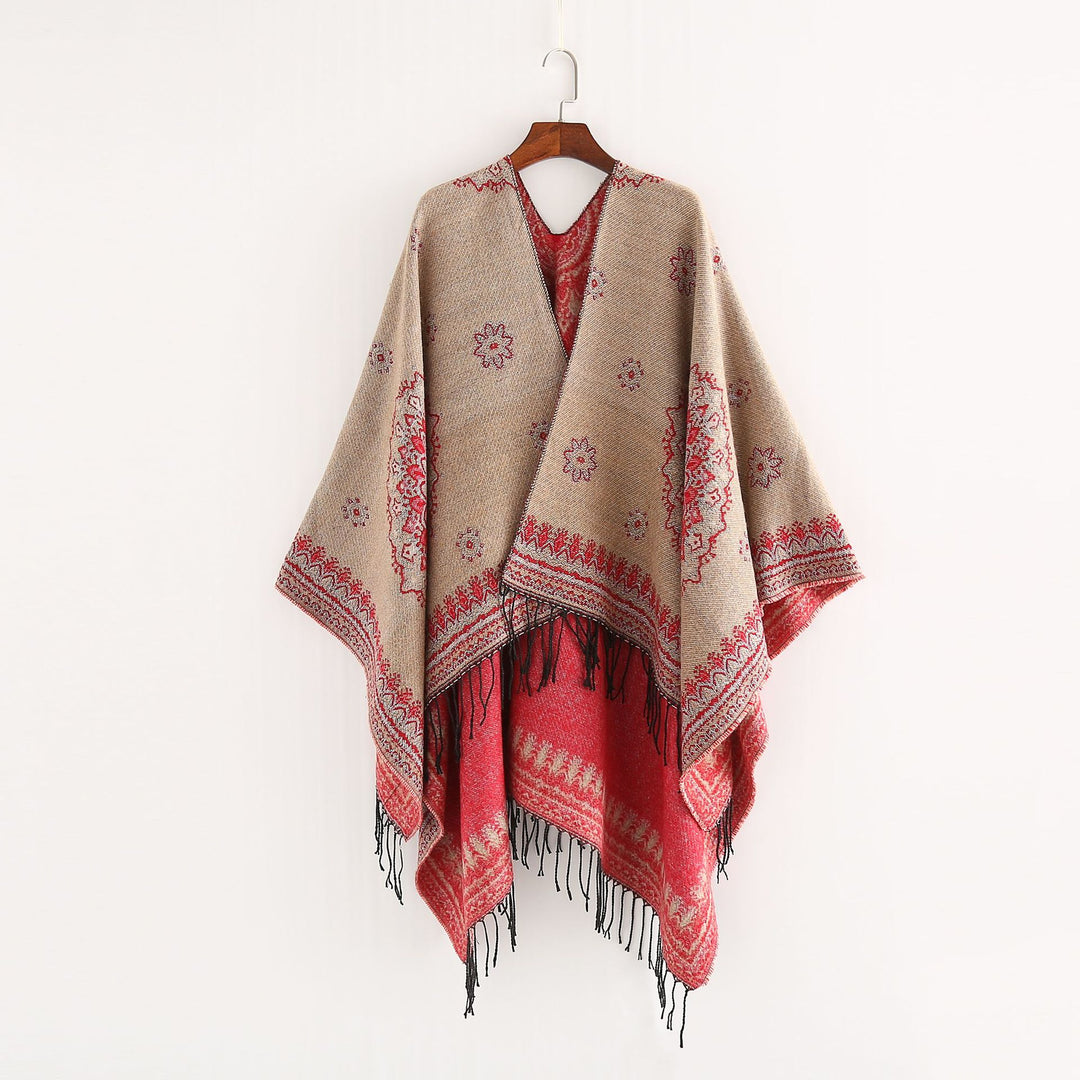 Damen Jacquard-Poncho im Oversize-Kimono-Fall mit Fransen Echo Archiv