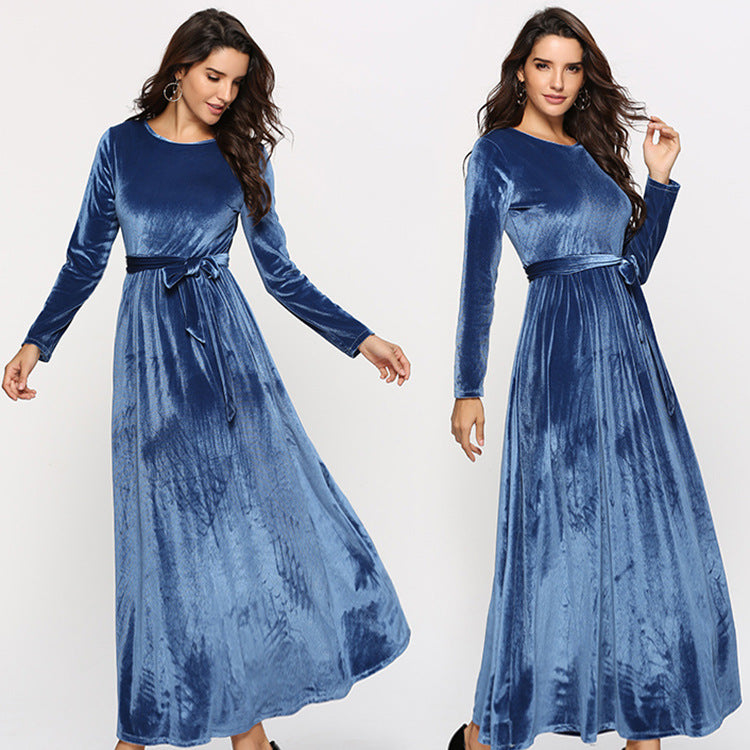 Damen Maxikleid aus Samt mit Taillengürtel und langem A‑Linien‑Rock Echoarchiv