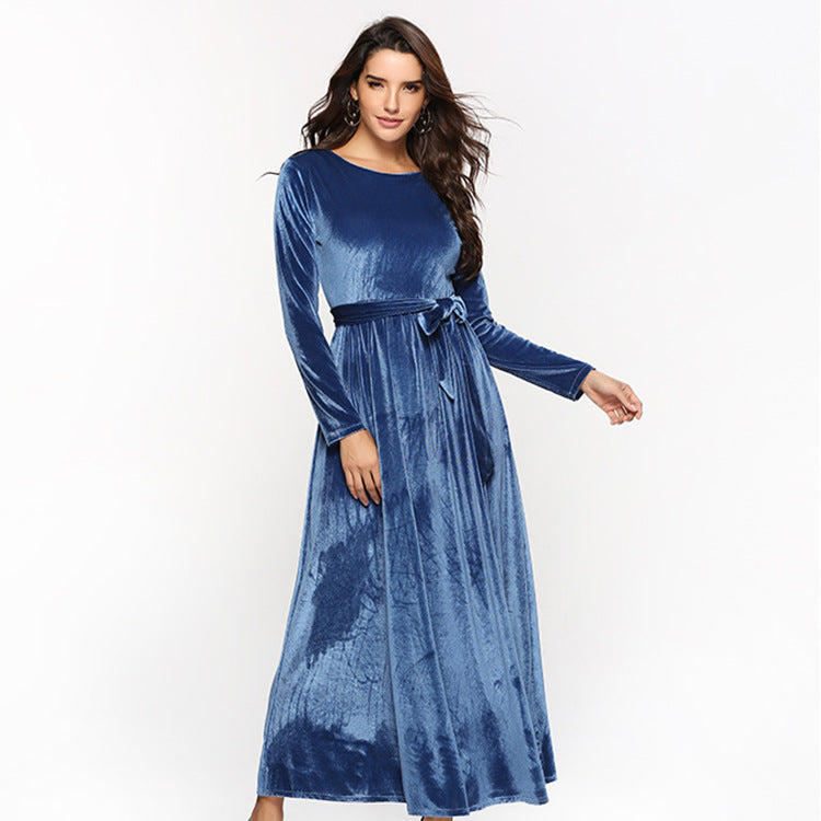 Damen Maxikleid aus Samt mit Taillengürtel und langem A‑Linien‑Rock Echoarchiv