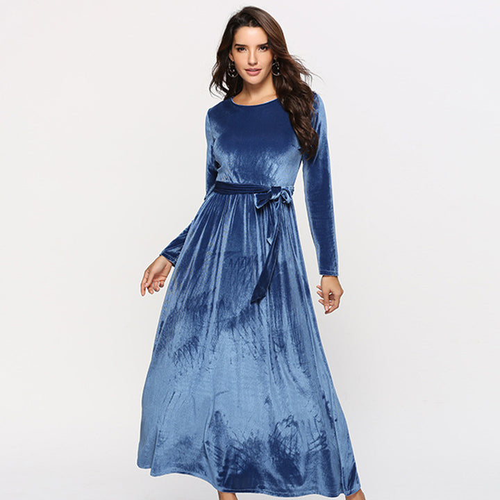 Damen Maxikleid aus Samt mit Taillengürtel und langem A‑Linien‑Rock Echoarchiv