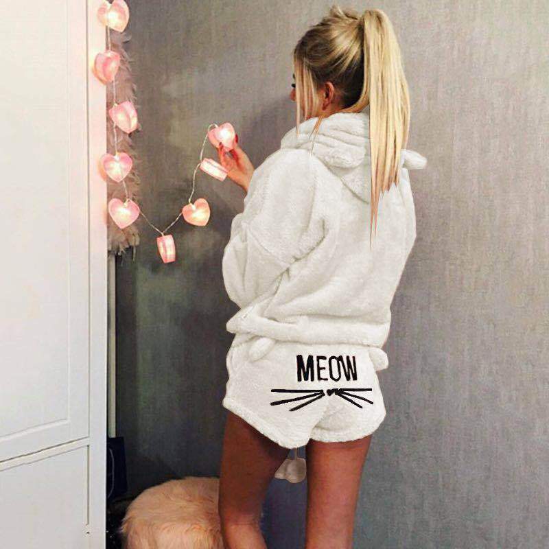 Damen nan kuscheliges zweiteiliges Lounge-Set mit Kapuzenpullover und Shorts mit MEOW-Stickerei Echo Archiv