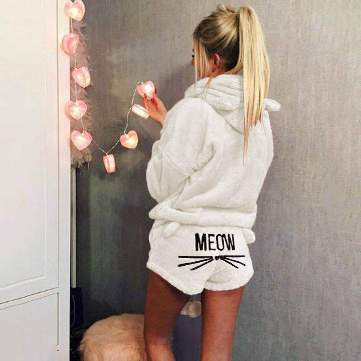 Damen nan kuscheliges zweiteiliges Lounge-Set mit Kapuzenpullover und Shorts mit MEOW-Stickerei Echo Archiv