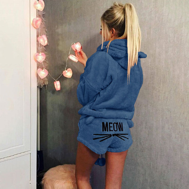 Damen nan kuscheliges zweiteiliges Lounge-Set mit Kapuzenpullover und Shorts mit MEOW-Stickerei Echo Archiv