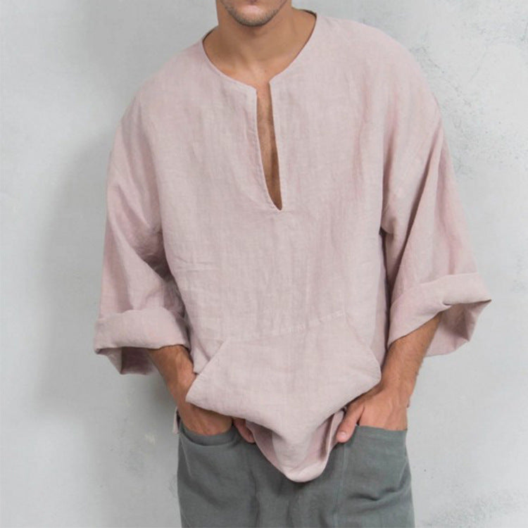 Herren lässiges Leinenoberteil mit Henley-Ausschnitt und praktischer Kängurutasche Echoarchiv