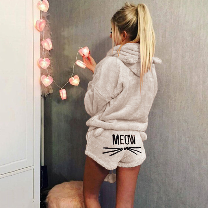 Damen nan kuscheliges zweiteiliges Lounge-Set mit Kapuzenpullover und Shorts mit MEOW-Stickerei Echo Archiv