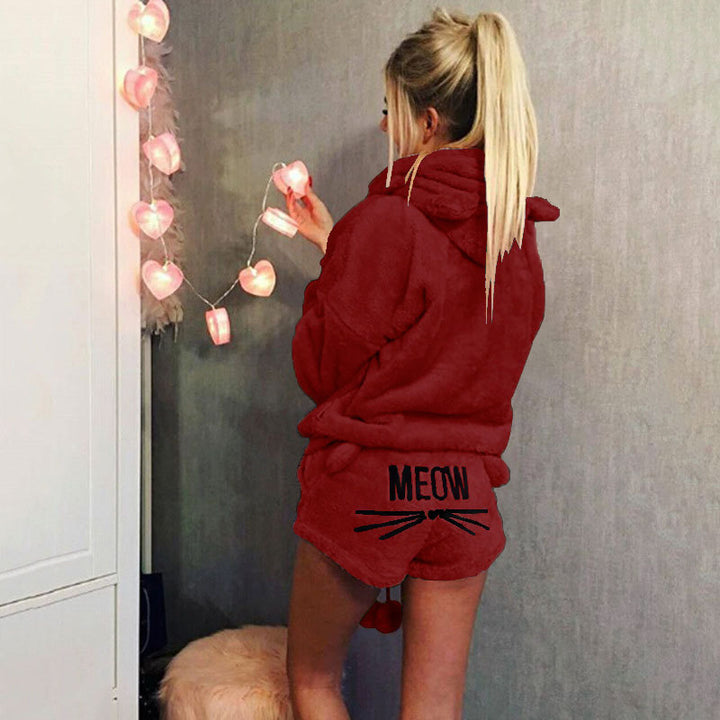 Damen nan kuscheliges zweiteiliges Lounge-Set mit Kapuzenpullover und Shorts mit MEOW-Stickerei Echo Archiv