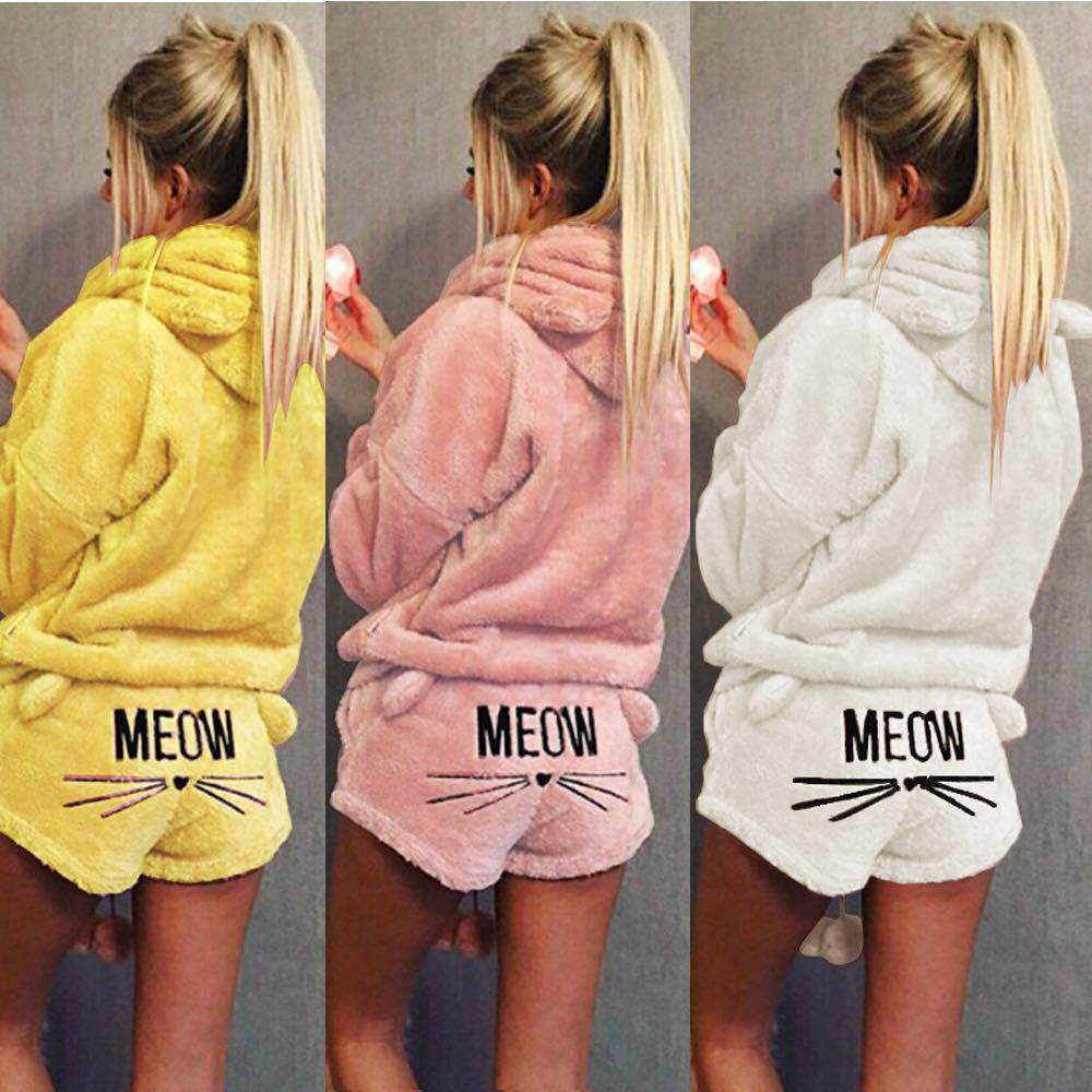 Damen nan kuscheliges zweiteiliges Lounge-Set mit Kapuzenpullover und Shorts mit MEOW-Stickerei Echo Archiv
