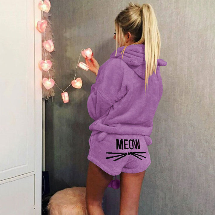 Damen nan kuscheliges zweiteiliges Lounge-Set mit Kapuzenpullover und Shorts mit MEOW-Stickerei Echo Archiv