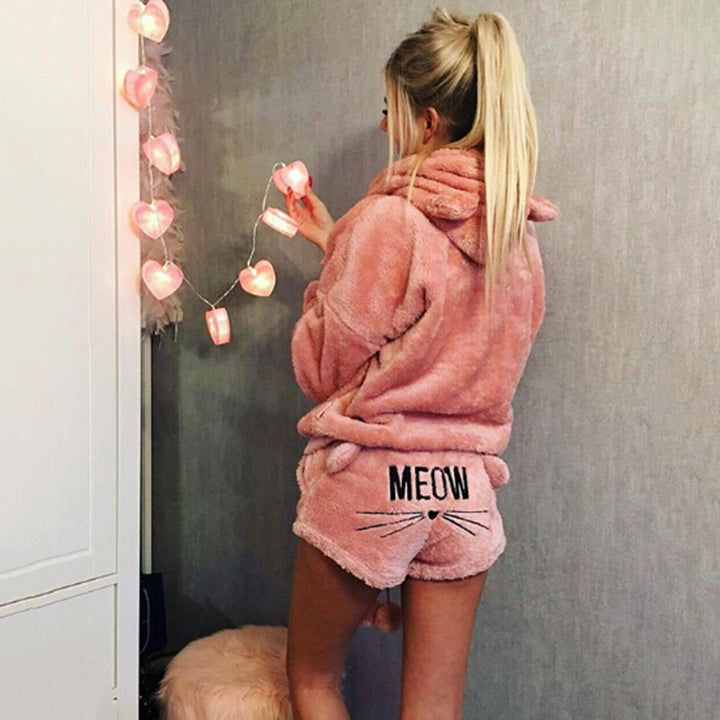 Damen nan kuscheliges zweiteiliges Lounge-Set mit Kapuzenpullover und Shorts mit MEOW-Stickerei Echo Archiv