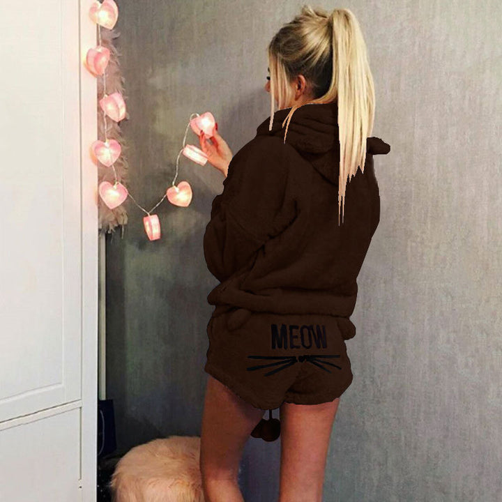 Damen nan kuscheliges zweiteiliges Lounge-Set mit Kapuzenpullover und Shorts mit MEOW-Stickerei Echo Archiv