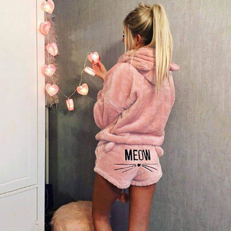 Damen nan kuscheliges zweiteiliges Lounge-Set mit Kapuzenpullover und Shorts mit MEOW-Stickerei Echo Archiv