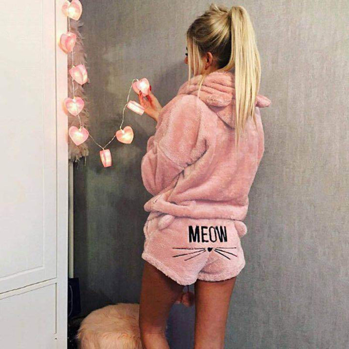 Damen nan kuscheliges zweiteiliges Lounge-Set mit Kapuzenpullover und Shorts mit MEOW-Stickerei Echo Archiv