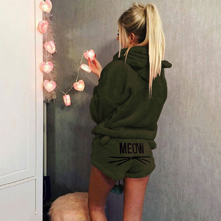 Damen nan kuscheliges zweiteiliges Lounge-Set mit Kapuzenpullover und Shorts mit MEOW-Stickerei Echo Archiv