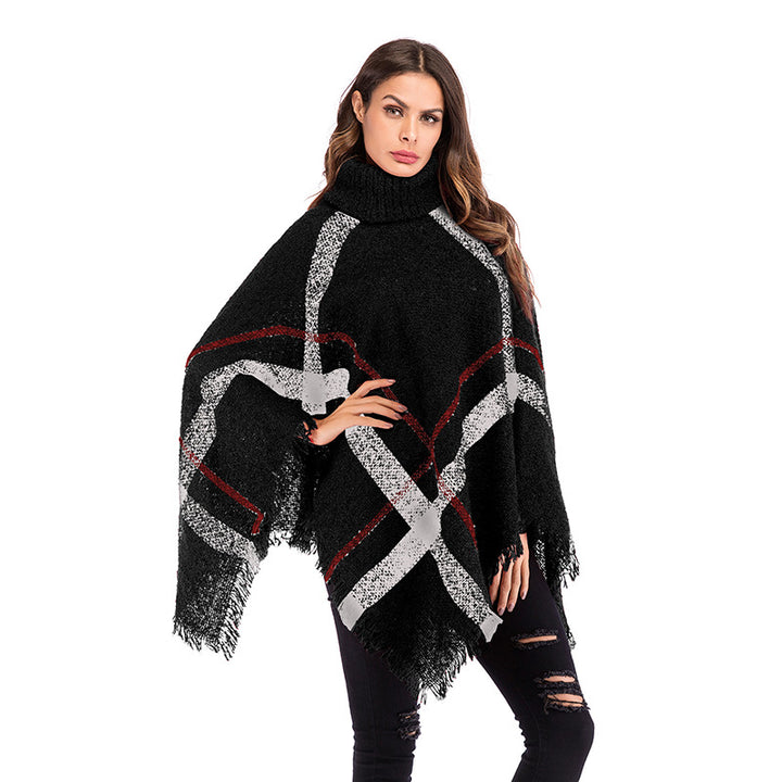 Damen Grobgestricktes Poncho mit Rollkragen, Fransen & Karomuster Echoarchiv