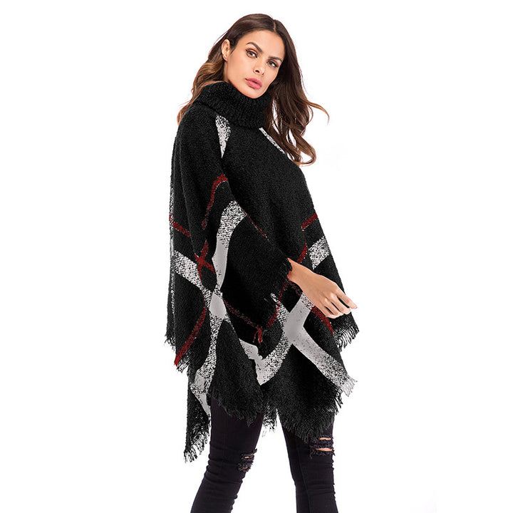 Damen Grobgestricktes Poncho mit Rollkragen, Fransen & Karomuster Echoarchiv