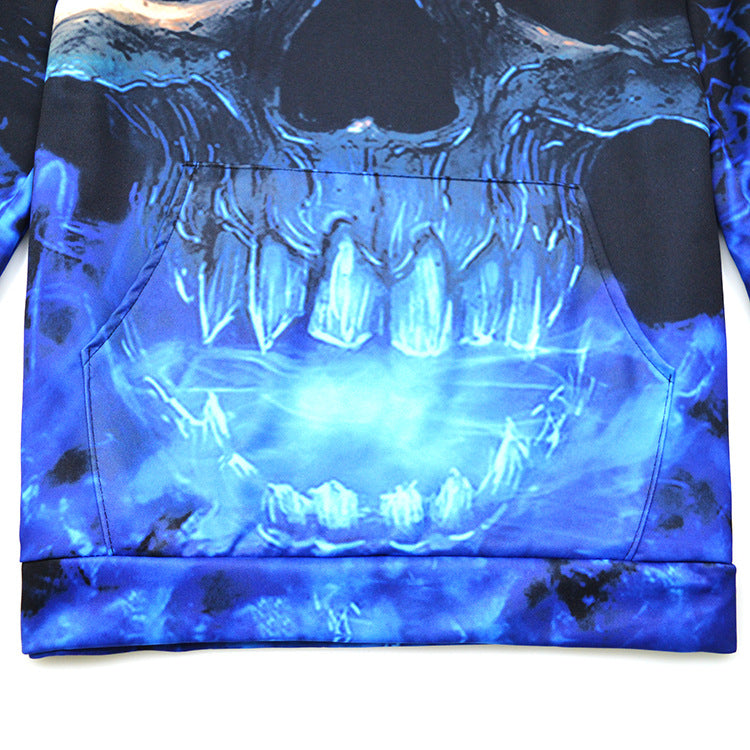 Unisex Kapuzenpullover mit 3D-Schädel-Print & blauem Flammen-Motiv Echoarchiv