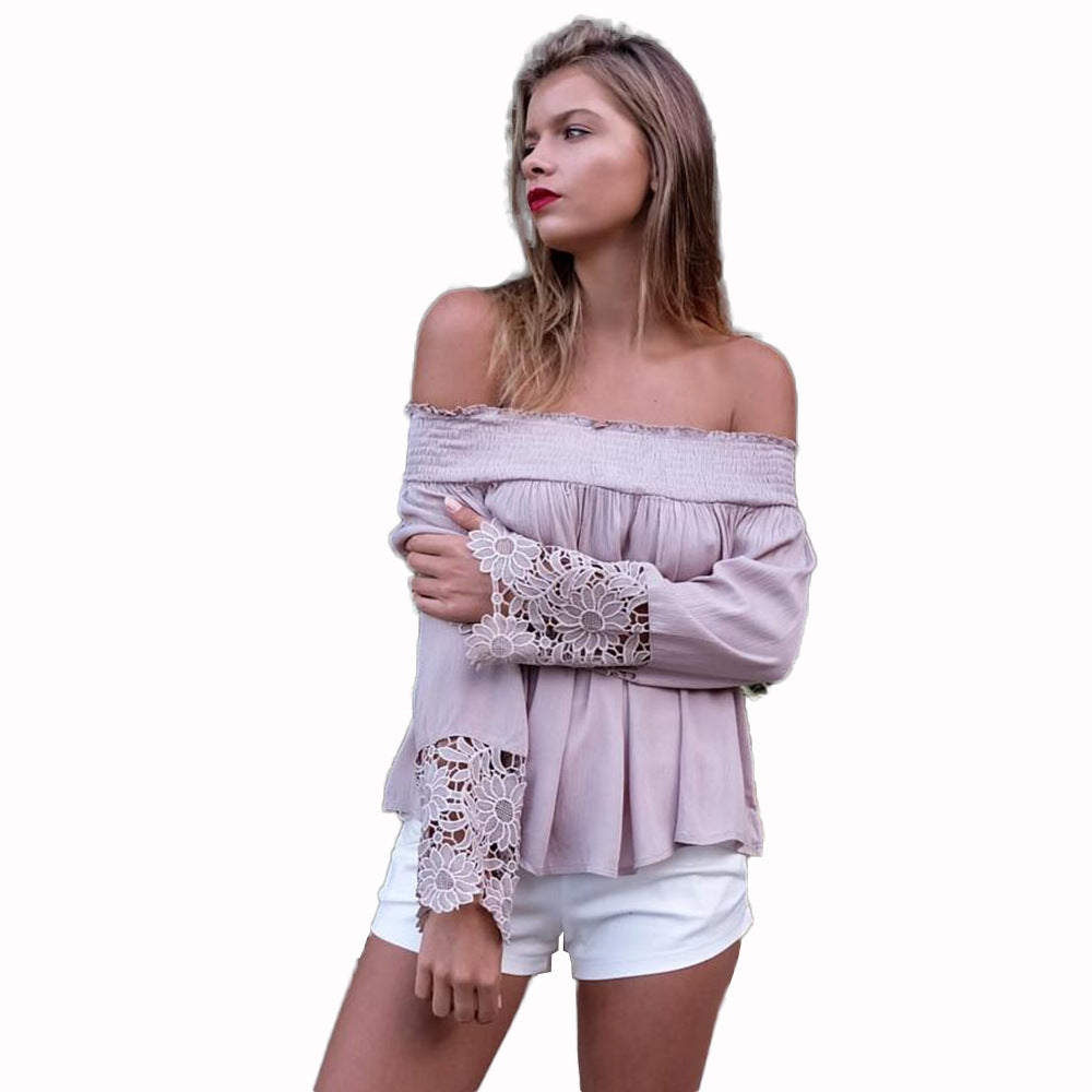 Damen Schulterfreies Boho-Blusentop mit Smokkragen & floralen Spitzen-Bellärmeln Echoarchiv