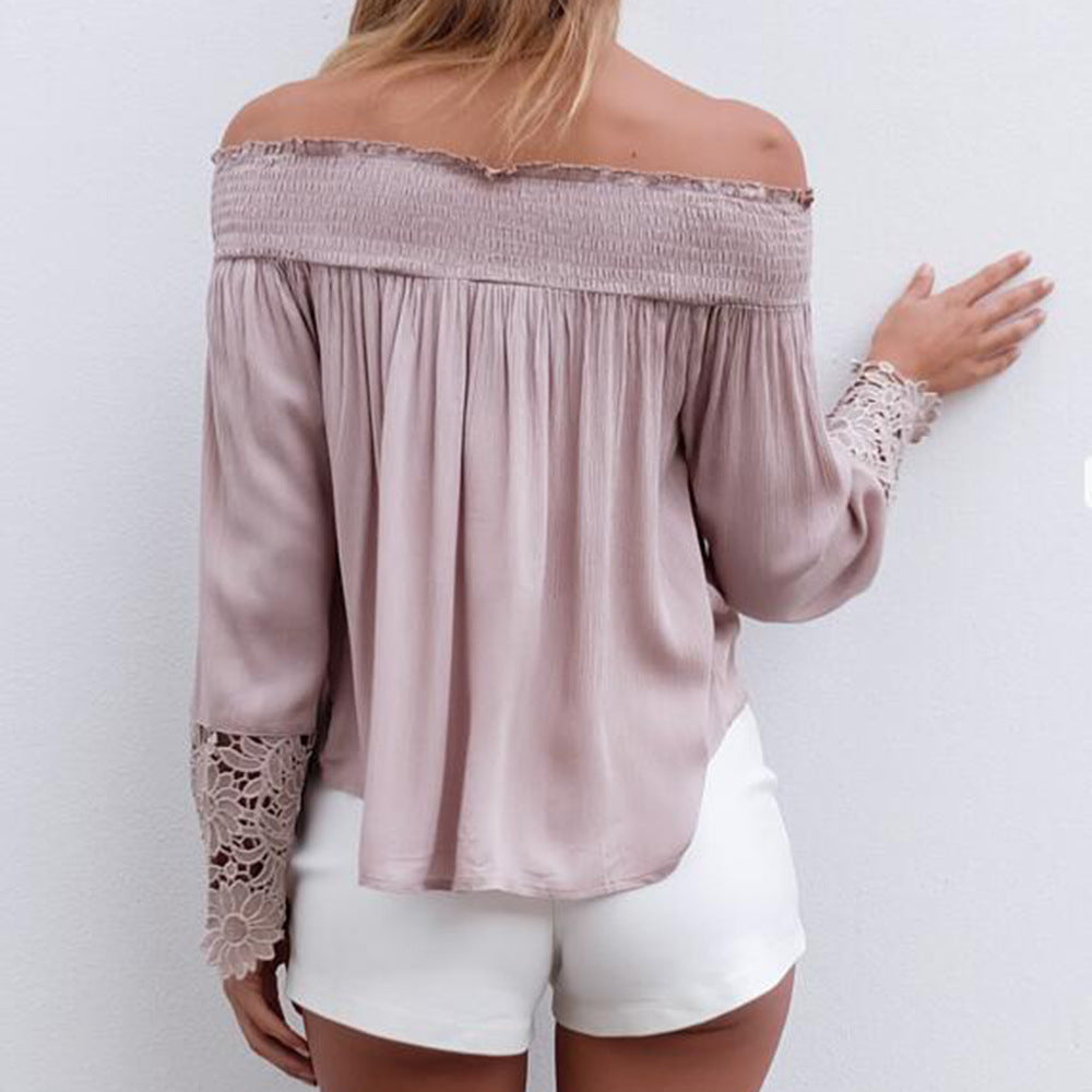 Damen Schulterfreies Boho-Blusentop mit Smokkragen & floralen Spitzen-Bellärmeln Echoarchiv