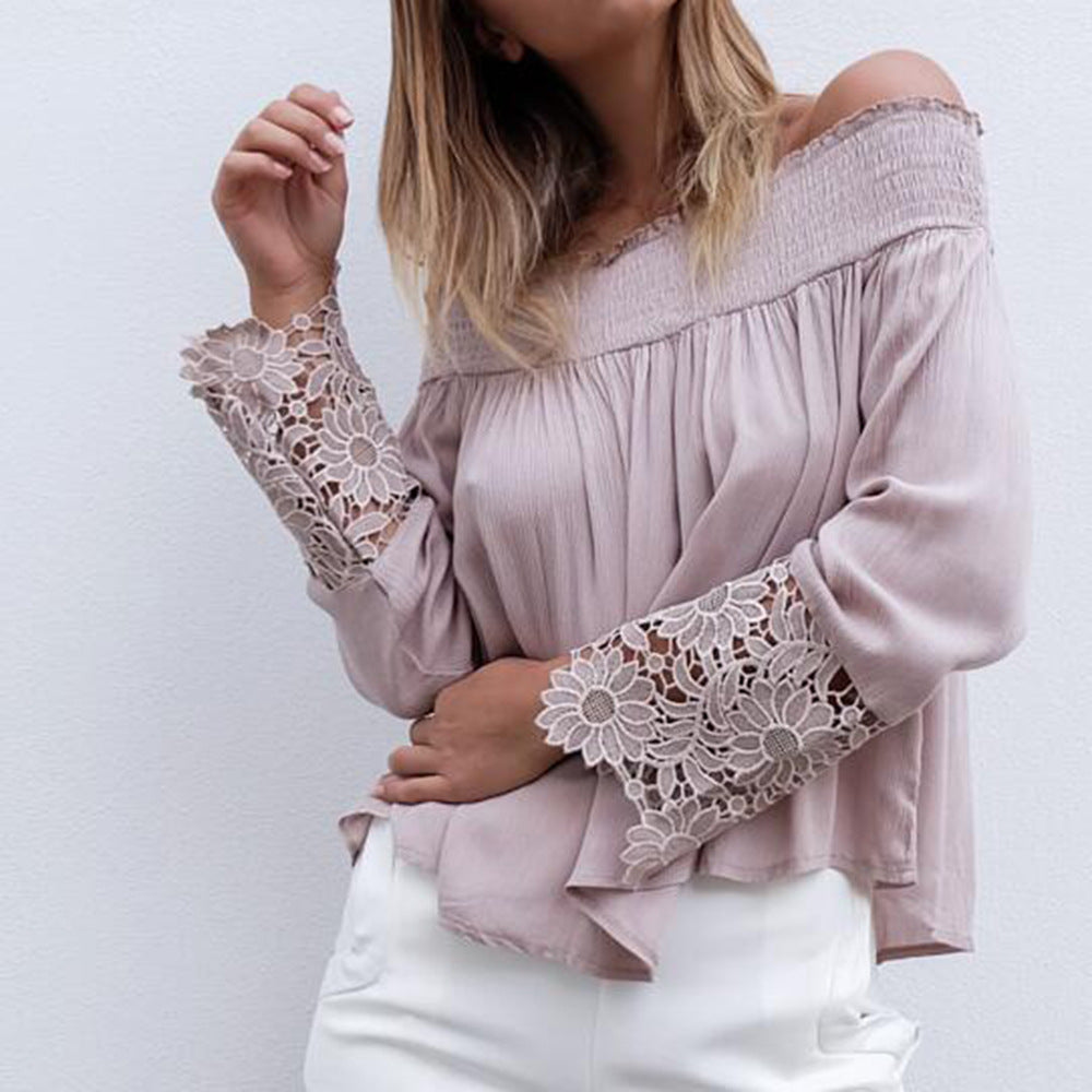 Damen Schulterfreies Boho-Blusentop mit Smokkragen & floralen Spitzen-Bellärmeln Echoarchiv