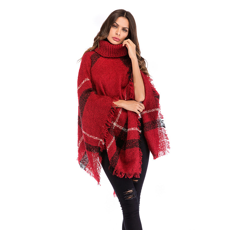 Damen Grobgestricktes Poncho mit Rollkragen, Fransen & Karomuster Echoarchiv