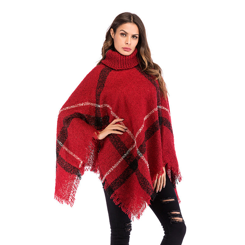 Damen Grobgestricktes Poncho mit Rollkragen, Fransen & Karomuster Echoarchiv