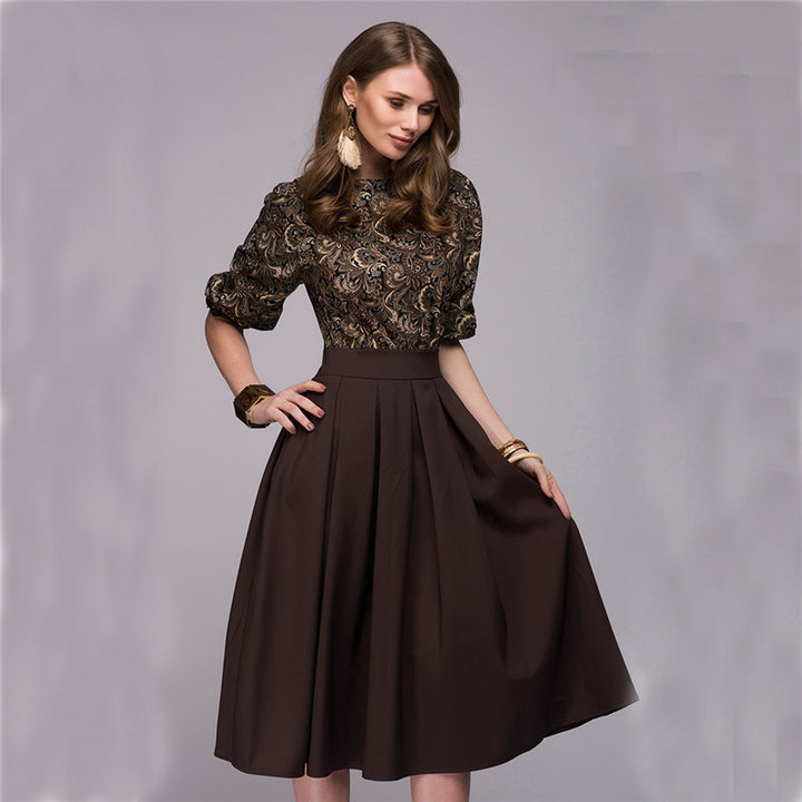 Damen Midikleid mit tailliertem Oberteil aus Jacquard und weitem Faltenrock Echo Archiv