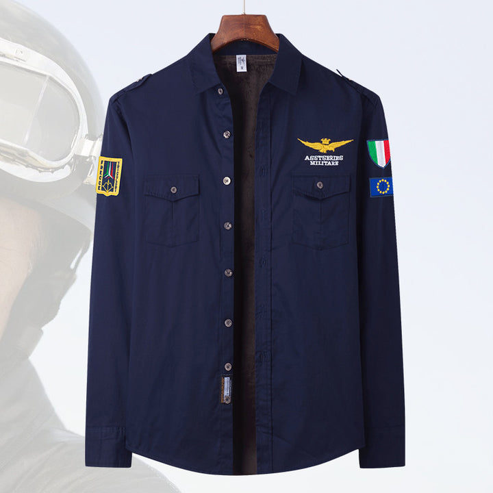 Herren  besticktes Pilotjacke Button-Up Patch-Überhemd mit Klappbrusttaschen Echo Archiv