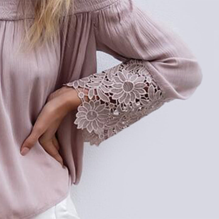 Damen Schulterfreies Boho-Blusentop mit Smokkragen & floralen Spitzen-Bellärmeln Echoarchiv