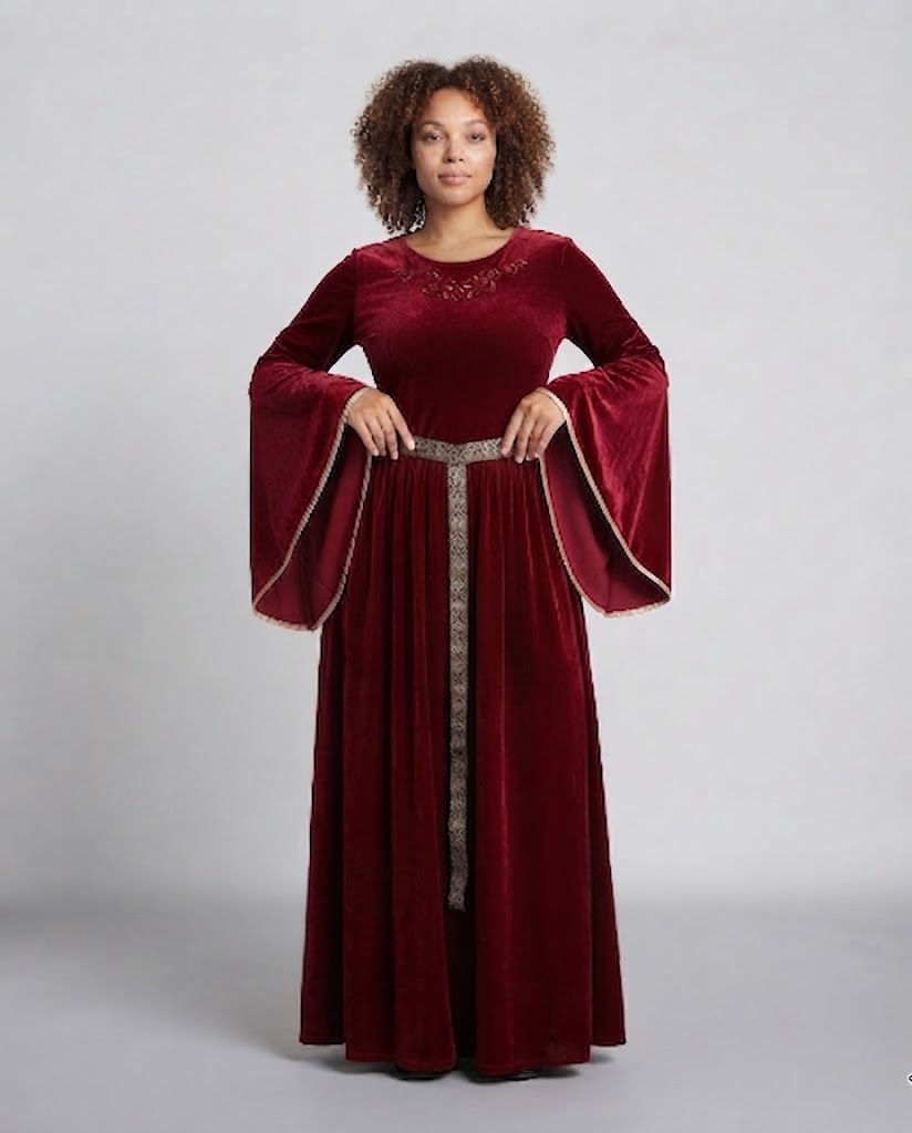 Elegantes Samtkleid für Frauen mit weitem Ärmel und dekorativem Gürtel Echo Archiv
