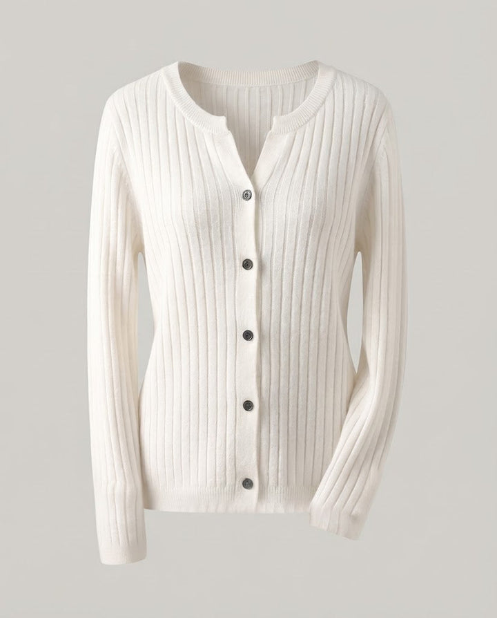 Damen Gestrickter Rippen-Cardigan mit dezentem V-Ausschnitt und Knopfleiste Echoarchiv