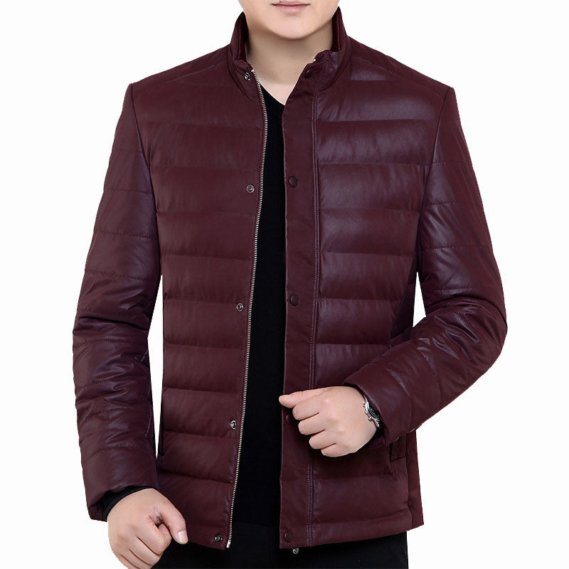 Herren Gepolsterte Steppjacke in Lederoptik mit Stehkragen und verdeckter Druckknopfleiste – Taviero