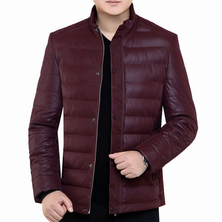 Herren Gepolsterte Steppjacke in Lederoptik mit Stehkragen und verdeckter Druckknopfleiste – Taviero
