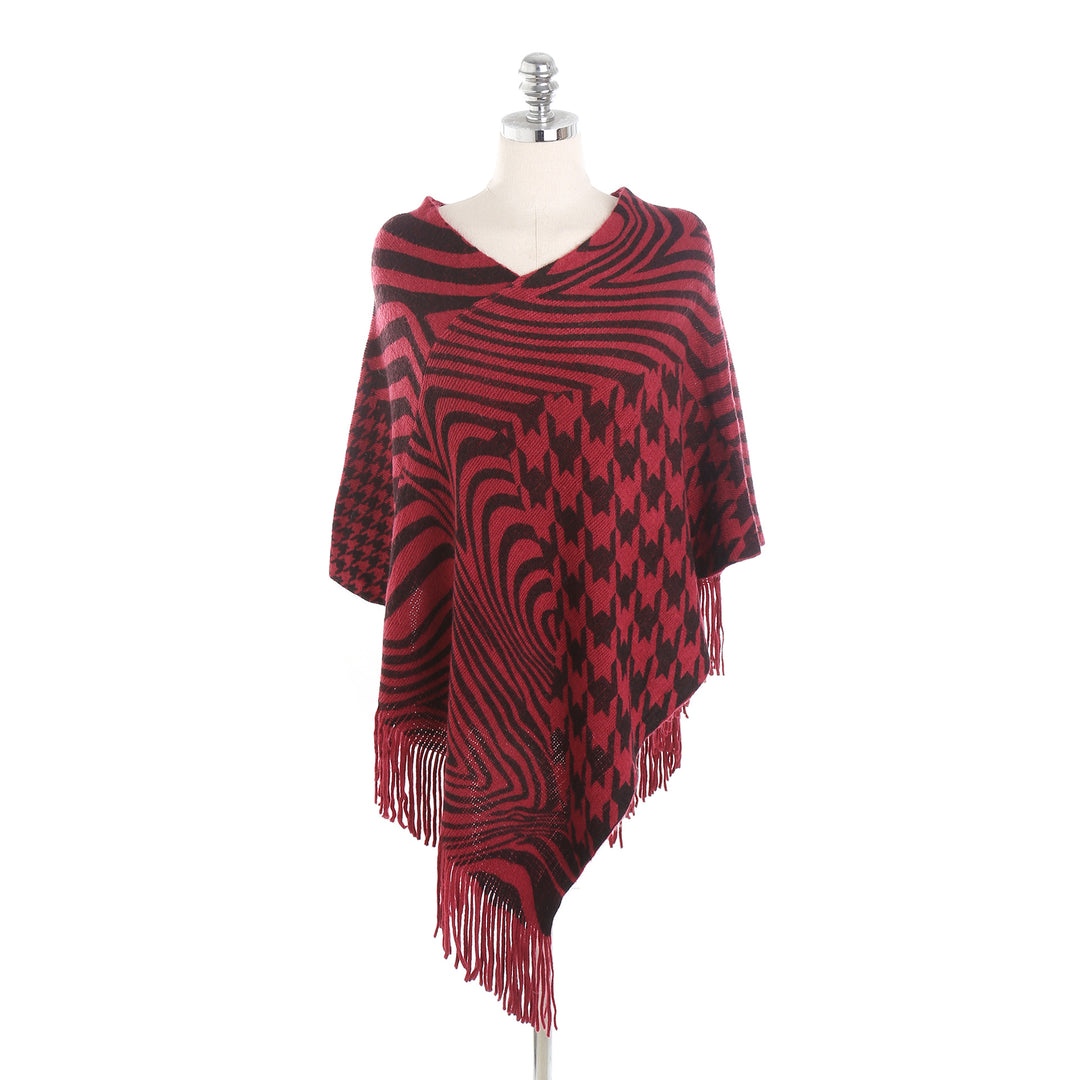 Damen Fransen-Poncho im Oversize mit grafischem Jacquard und asymmetrischem Zipfelsaum Echo Archiv
