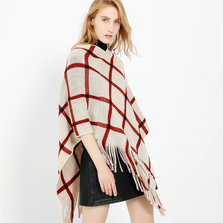Damen Grobstrick-Poncho mit Karomuster und Fransensaum Echo Archiv