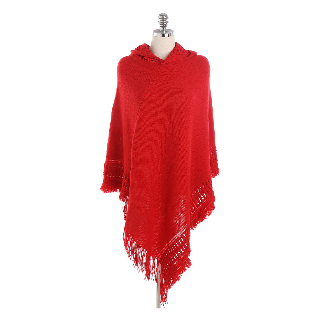 Damen Kapuzen-Poncho mit gehäkelter Bordüre und Fransensaum – Auréline