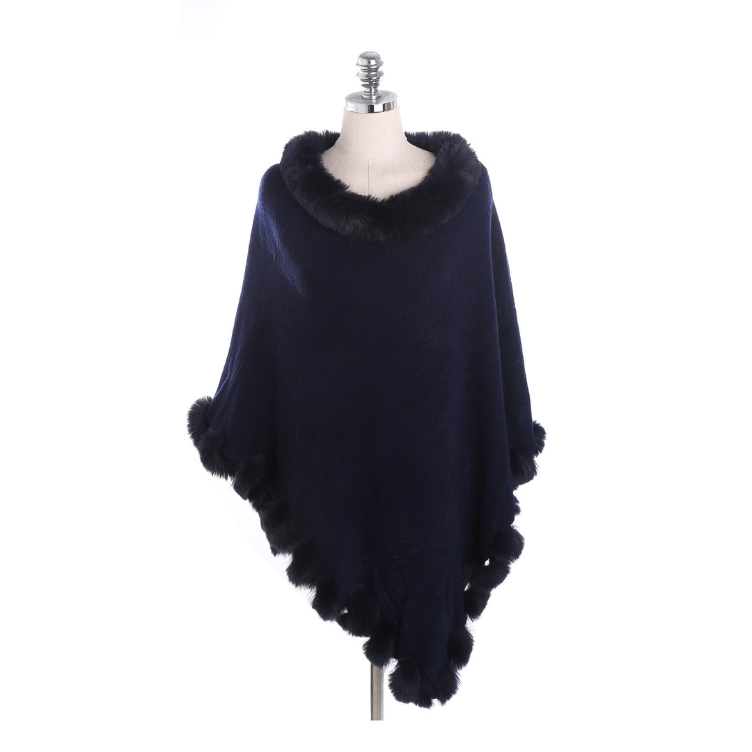Damen Eleganter Capeponcho aus Wollmix mit Kunstfellbesatz und Pompon-Details – Montévia