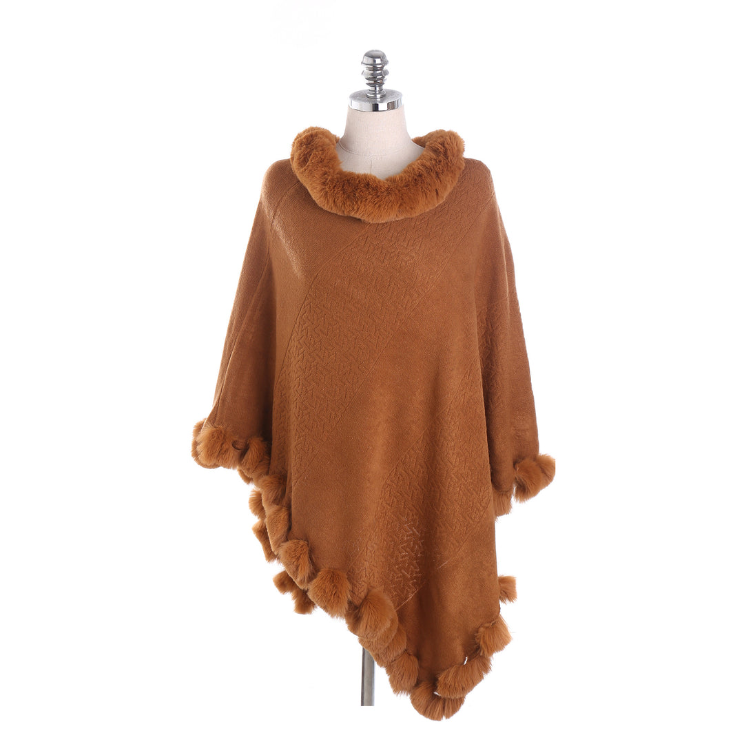 Damen Eleganter Capeponcho aus Wollmix mit Kunstfellbesatz und Pompon-Details – Montévia