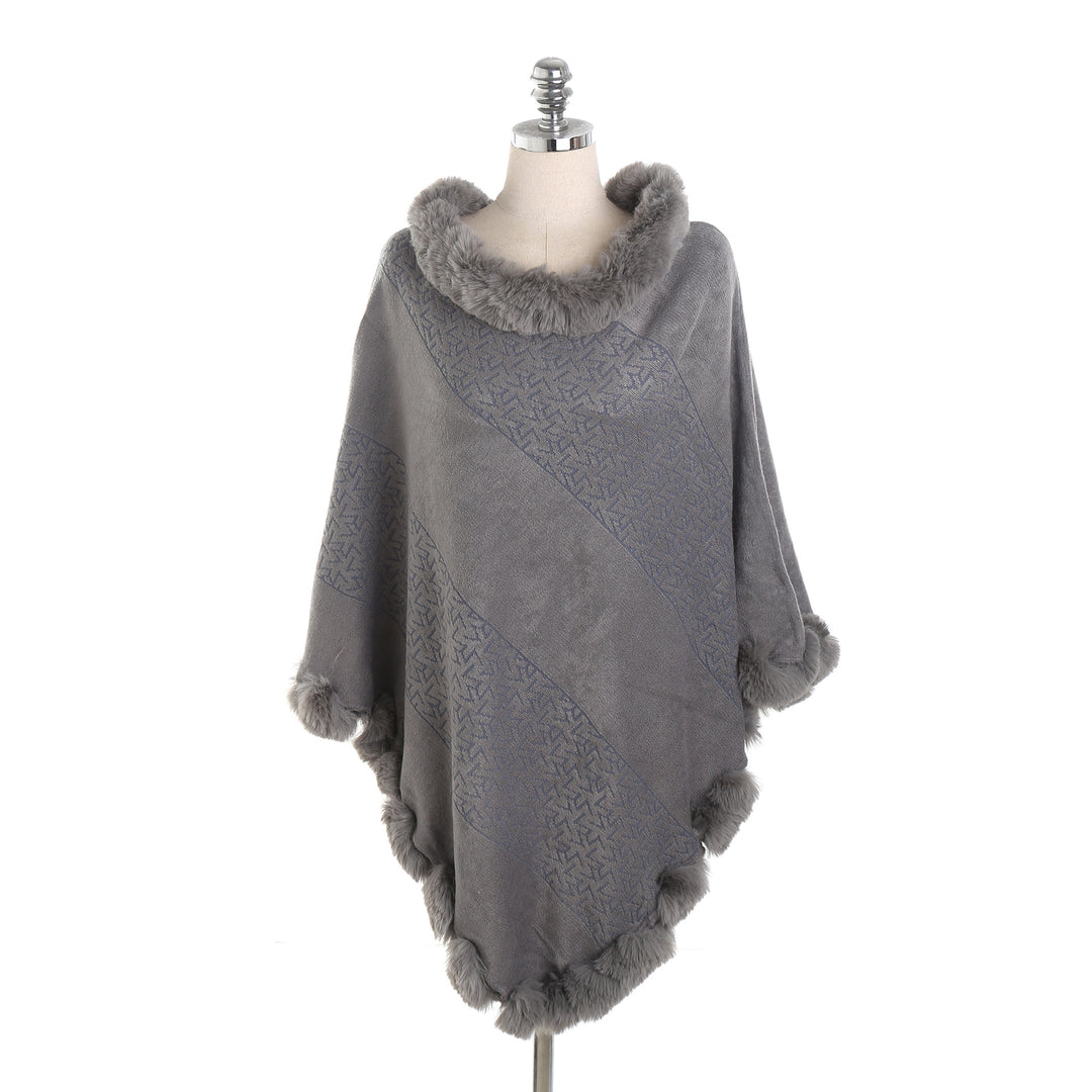 Damen Eleganter Capeponcho aus Wollmix mit Kunstfellbesatz und Pompon-Details – Montévia