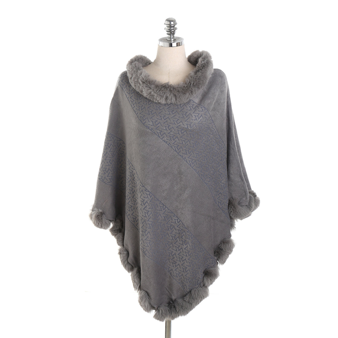 Damen Eleganter Capeponcho aus Wollmix mit Kunstfellbesatz und Pompon-Details – Montévia