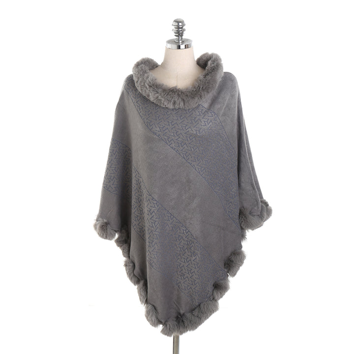 Damen Eleganter Capeponcho aus Wollmix mit Kunstfellbesatz und Pompon-Details – Montévia