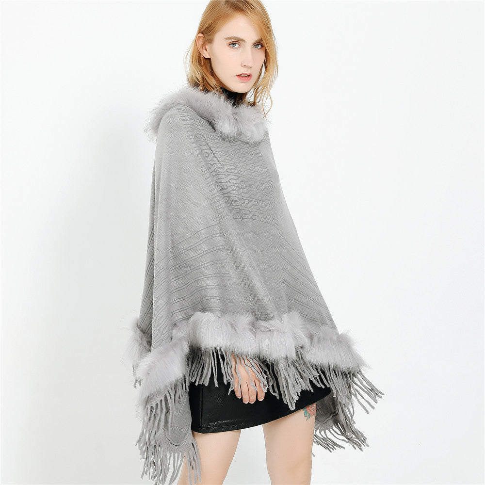 Damen Kaschmir-Touch Poncho mit Kunstfellbesatz, Fransen und weichfallender Oversize-Silhouette Echo Archiv