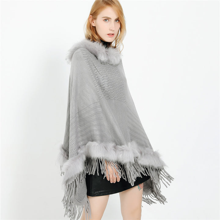 Damen Kaschmir-Touch Poncho mit Kunstfellbesatz, Fransen und weichfallender Oversize-Silhouette Echo Archiv