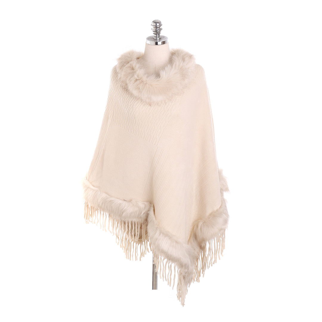Damen Kaschmir-Touch Poncho mit Kunstfellbesatz, Fransen und weichfallender Oversize-Silhouette Echo Archiv