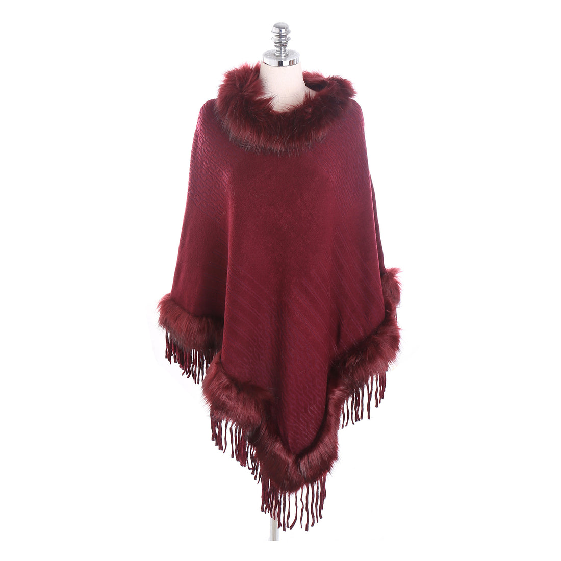 Damen Kaschmir-Touch Poncho mit Kunstfellbesatz, Fransen und weichfallender Oversize-Silhouette – Célinea